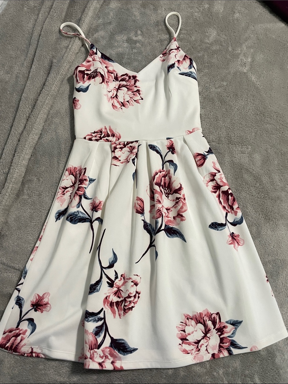 Monteau White Floral Mini Dress with Pink and Navy Accents